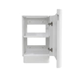 A white bathroom vanity cabinet with two shelves and an open door, shown against a plain white background.