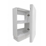 A white free standing vanity with two open shelves and the door swung open, shown against a plain white background.