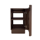 A dark brown wooden floor standing cabinet with its door open, showing two interior shelves and silver metal hinges, isolated on a white background.