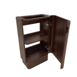 A dark brown wooden floor standing vanity with one door open, showing three interior shelves and silver metal hinges, set against a plain white background.
