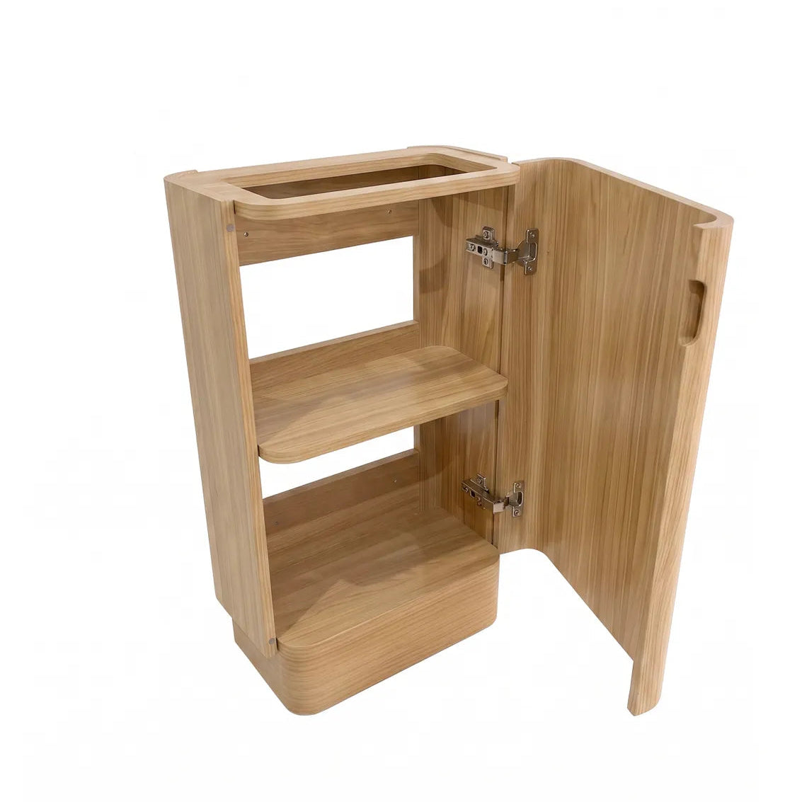 A light natural wood bathroom vanity with an open door, showing three interior shelves and metal hinges, isolated on a white background.
