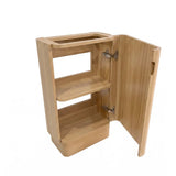 A light natural wood bathroom vanity with an open door, showing three interior shelves and metal hinges, isolated on a white background.