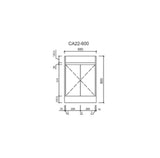 Technical drawing of a maya free standing vanity with dimensions labeled