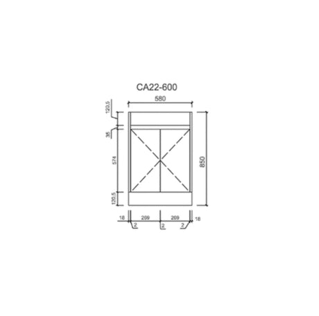 Technical drawing of a maya free standing vanity with dimensions labeled