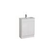 White bathroom vanity with sink on a white background
