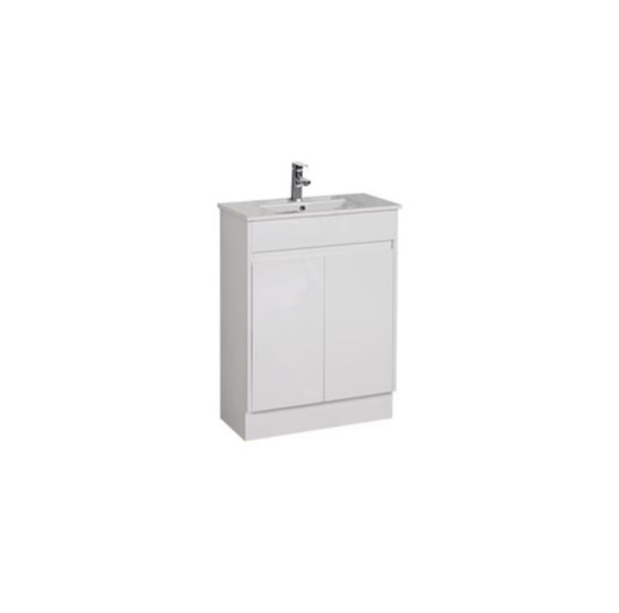 White bathroom vanity with sink on a white background