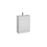 White bathroom vanity with sink on a white background