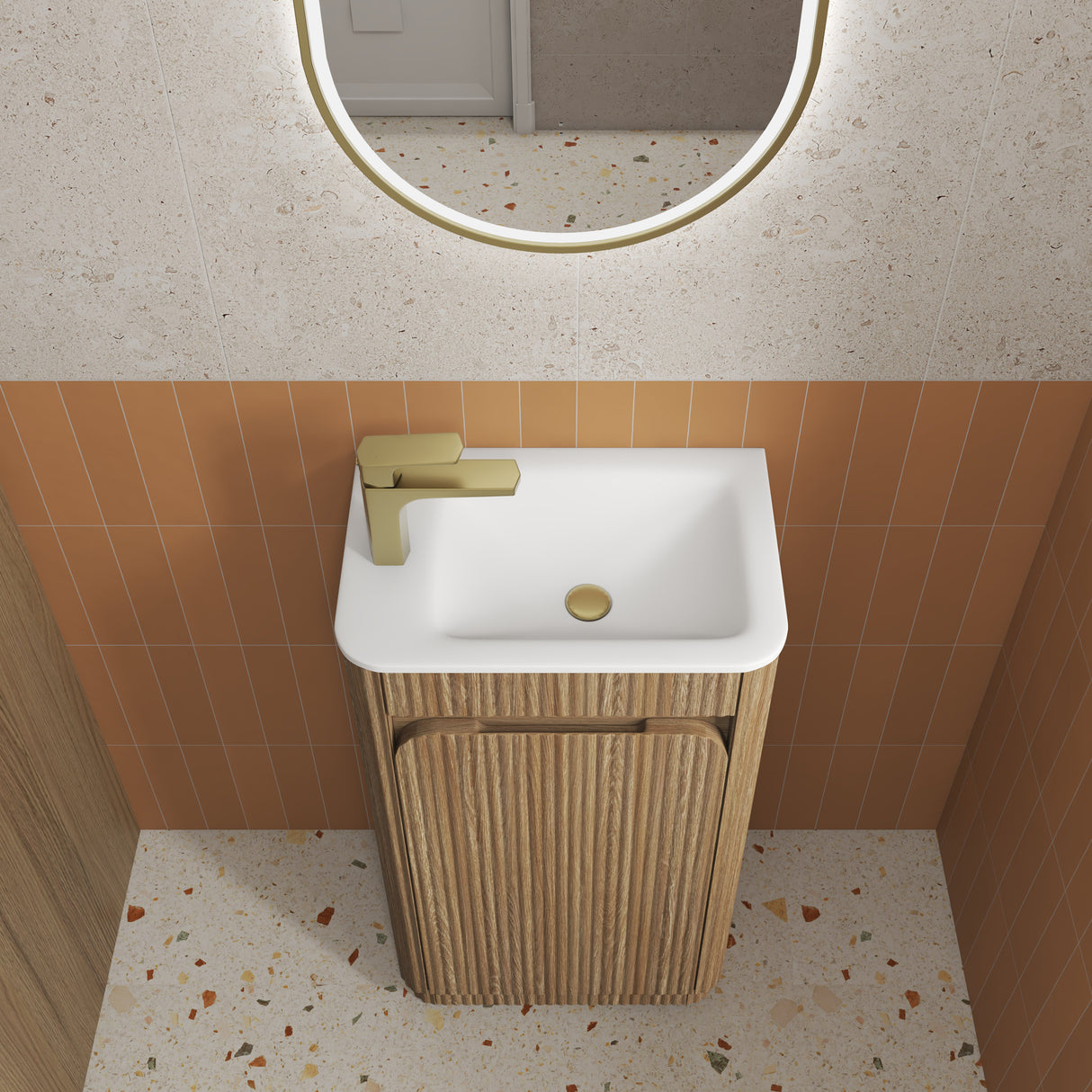 Mini Hartelle 470mm Harvest Oak Floor Standing Vanity - Fluted top view