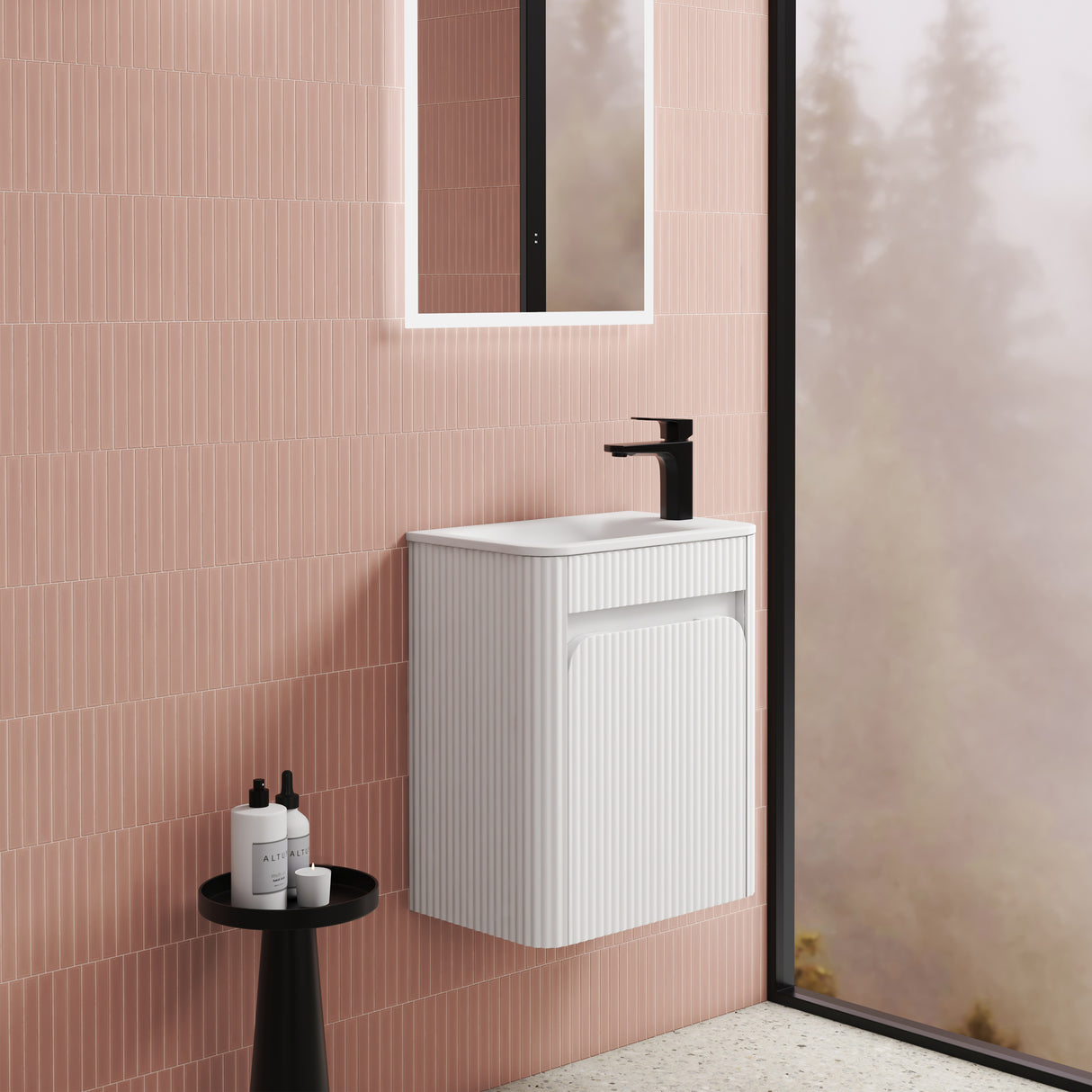 closer side view Mini Hartelle 470mm Matte White Wall Hung Vanity - Fluted