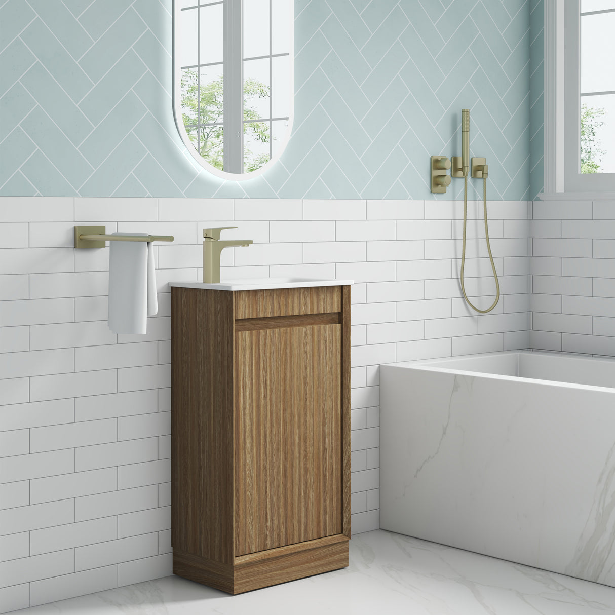 closer side view Mini Ravia 450mm Harvest Oak Floor Standing Vanity - Fluted