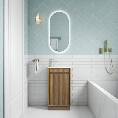 Mini Ravia 450mm Harvest Oak Floor Standing Vanity - Fluted front view