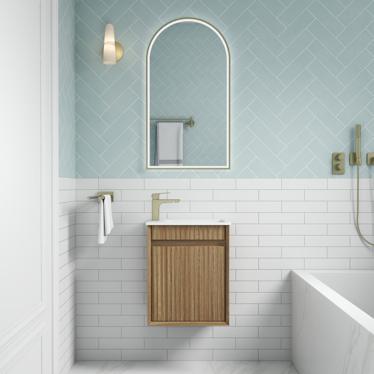 Mini Ravia 450mm Harvest Oak Wall Hung Vanity - Fluted front view