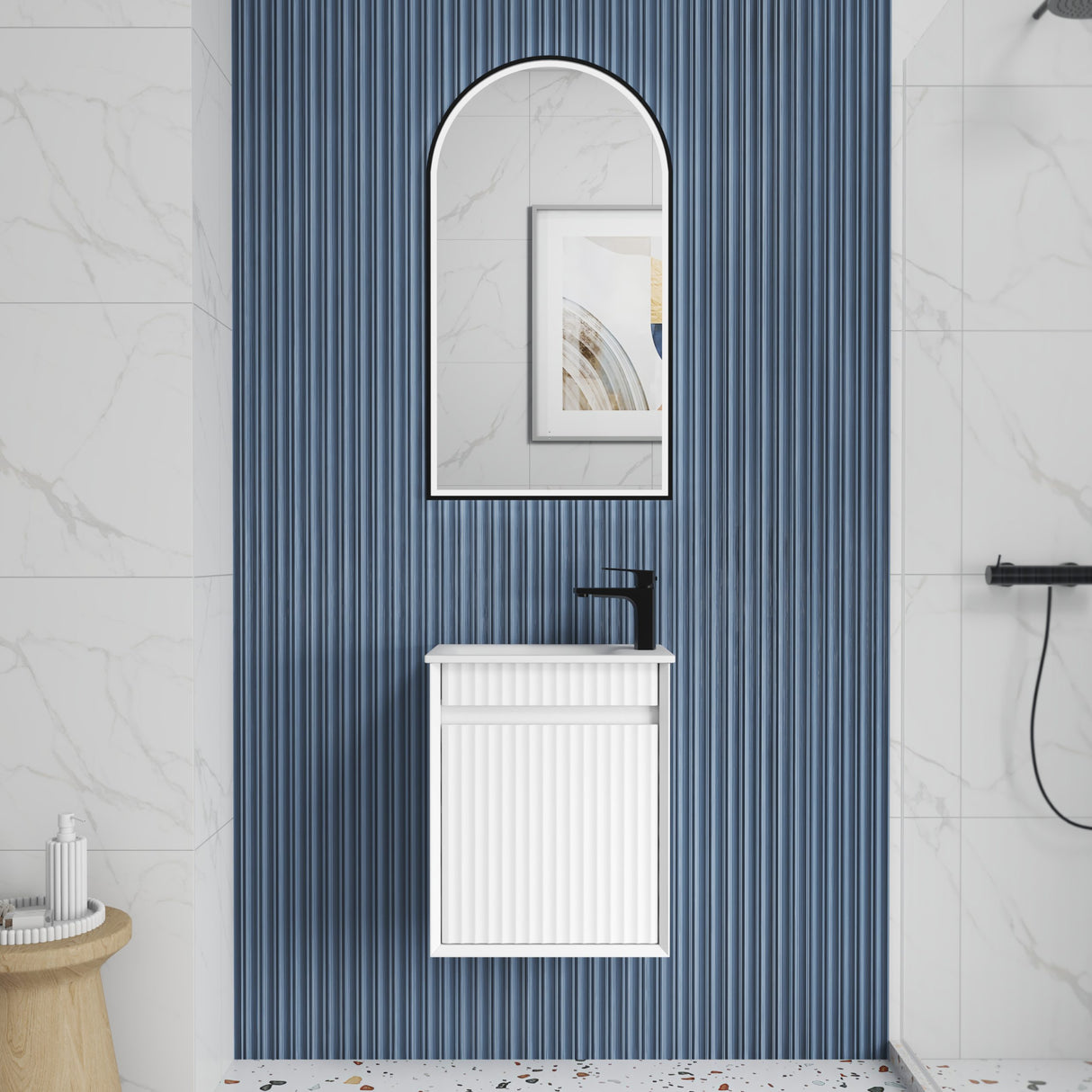 Mini Ravia 450mm Matte White Wall Hung Vanity - Fluted front view