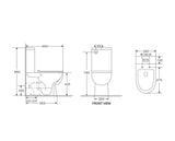 Technical dimension drawing of a toilet with front and side views, showing measurements in millimeters on a white background.