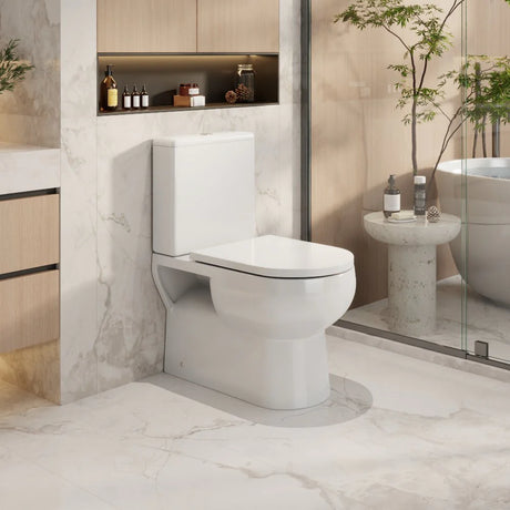 Modern bathroom with a white toilet and decorative elements.