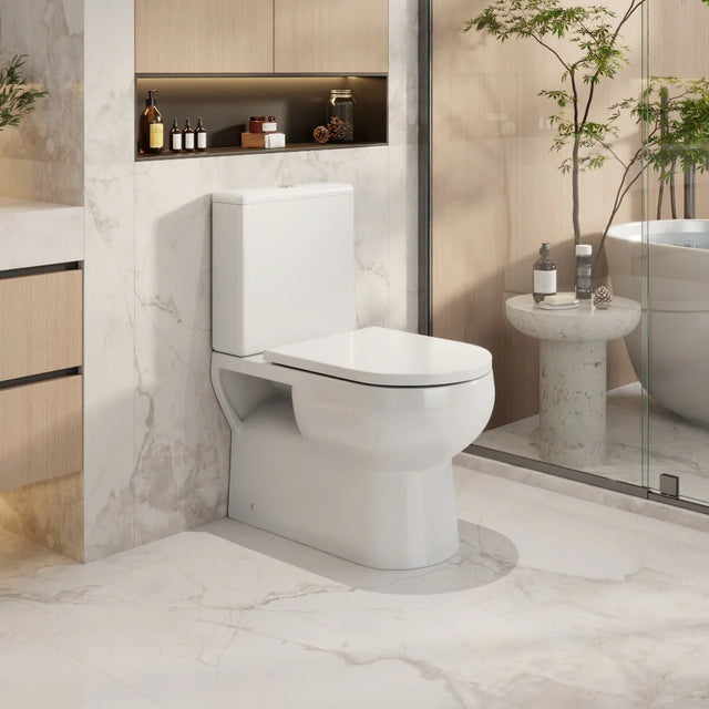 Modern bathroom with a white toilet and decorative elements.
