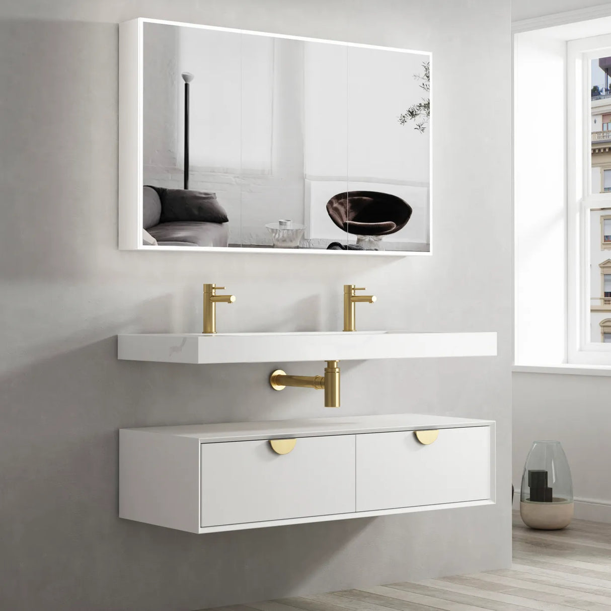 Bathroom vanity with mirror, sink, and storage drawers in a modern setting.