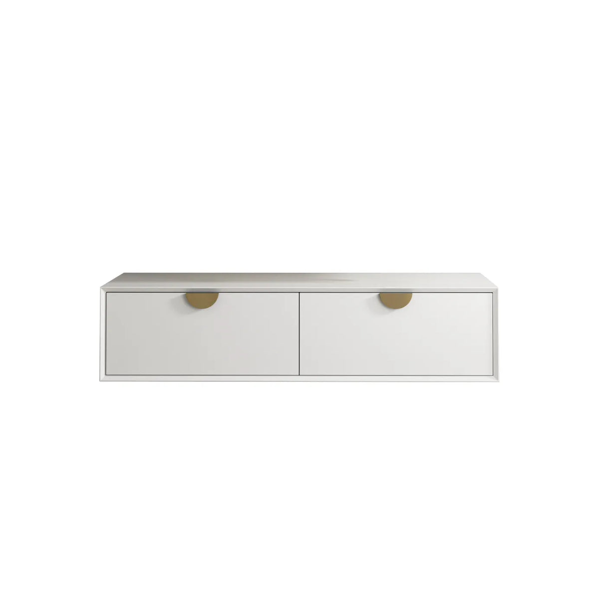 White storage unit with two drawers and gold handles on a white background