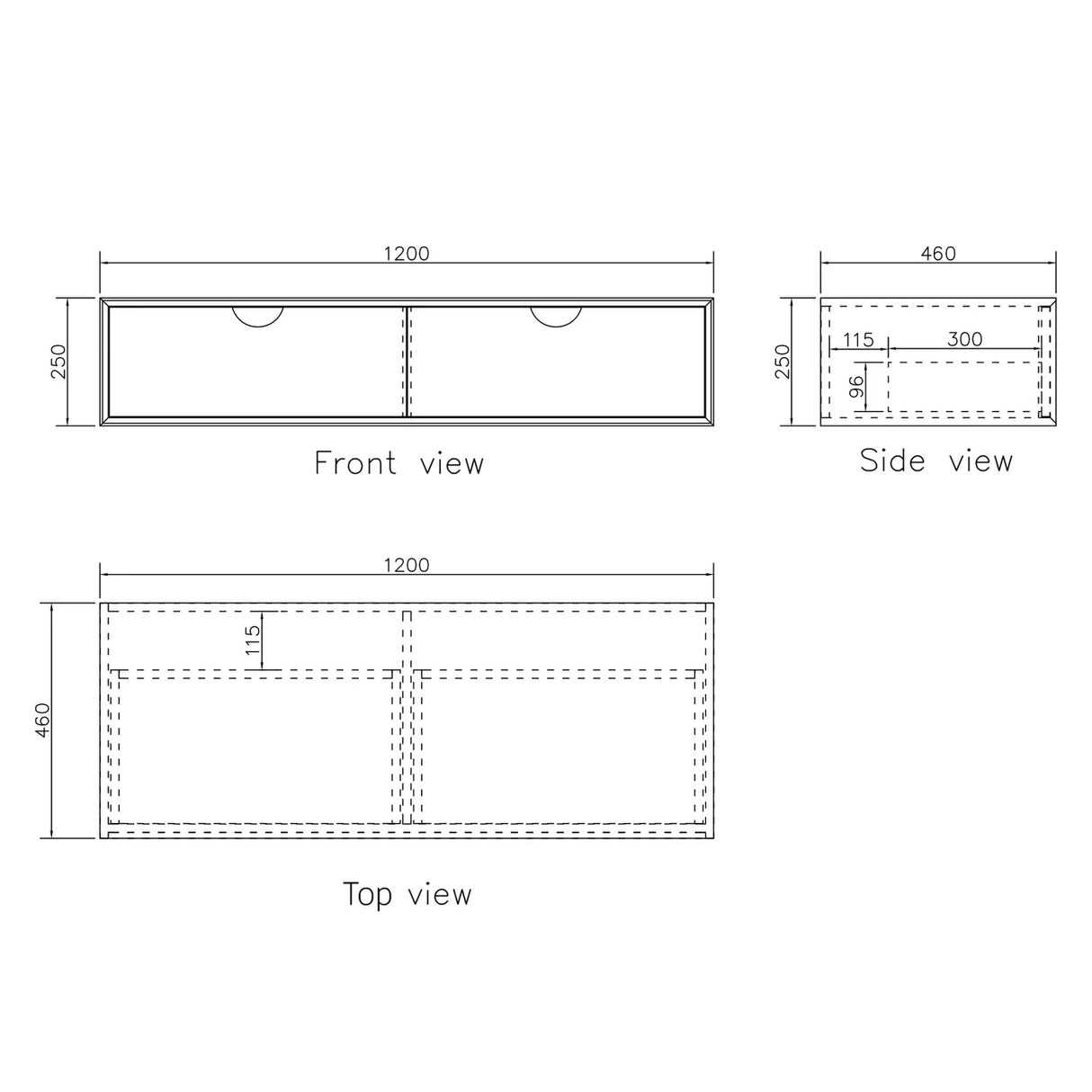 Technical drawings of a cabinet showing front, side, and top views with dimensions.