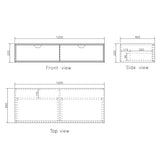 Technical drawings of a cabinet showing front, side, and top views with dimensions.