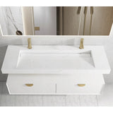 Bathroom vanity with white countertop and gold fixtures in a modern bathroom setting.