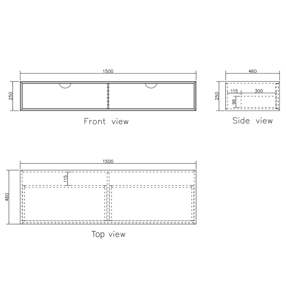 Technical drawings of a cabinet from front, side, and top views with dimensions.