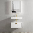 Bathroom vanity with white sink and gold faucet against a gray wall.