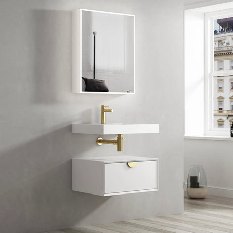 Bathroom setup with a wall-mounted sink and mirror in a modern interior.