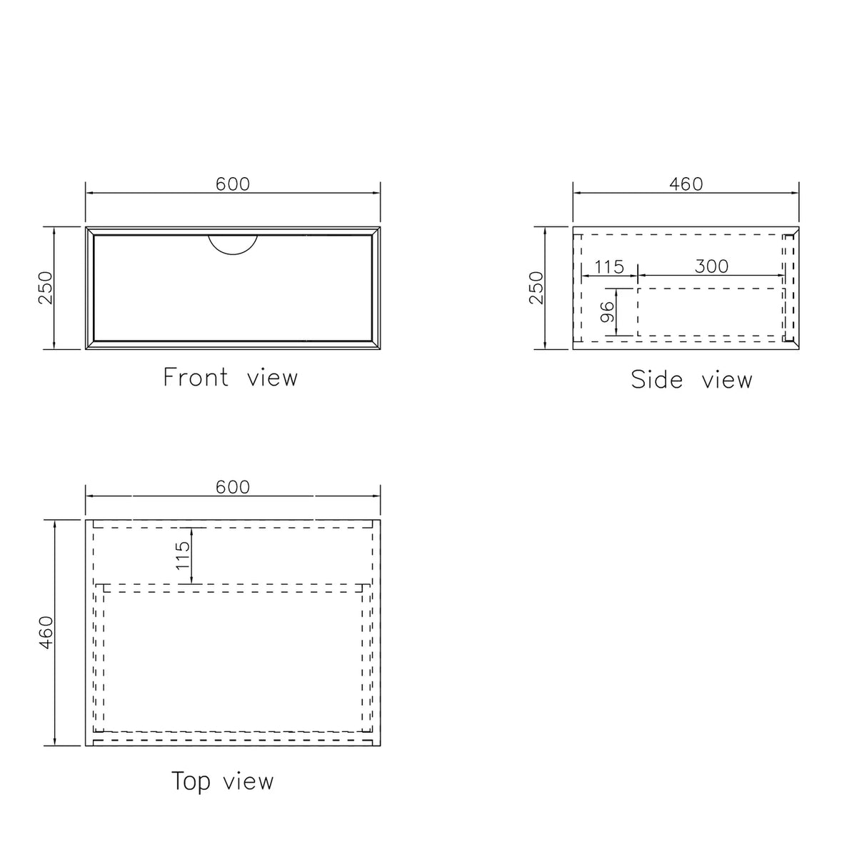 Dimensions of a cabinet shown from front, side, and top views.