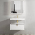 Bathroom vanity with white sink and gold fixtures against a gray wall.