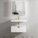 Bathroom vanity with white sink and gold fixtures against a gray wall.