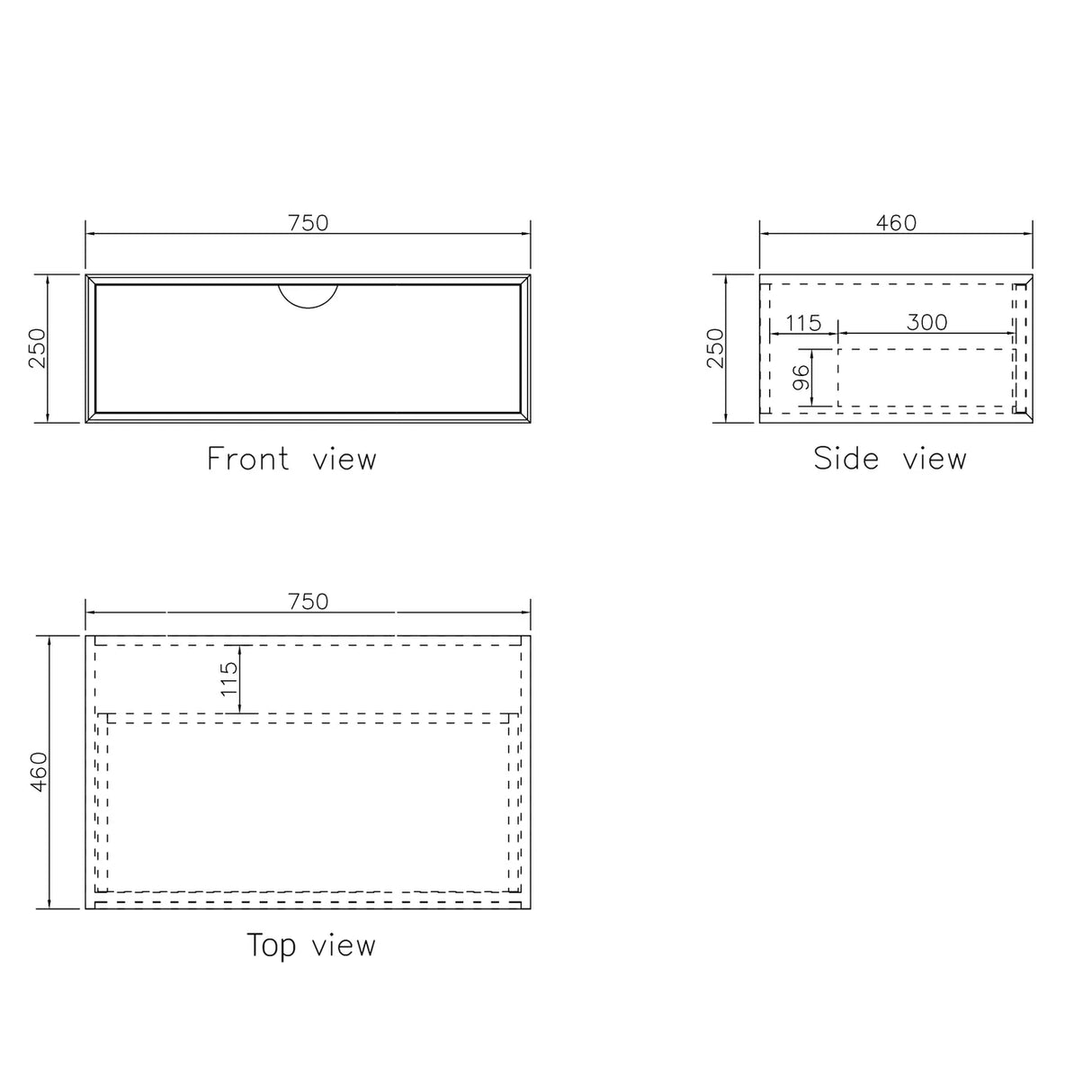 Technical drawings of a cabinet showing front, side, and top views with dimensions.