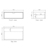 Technical drawings of a cabinet showing front, side, and top views with dimensions.