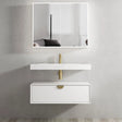Bathroom vanity with white sink and gold fixtures against a gray wall.