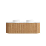 Wooden vanity with white countertop on a white background