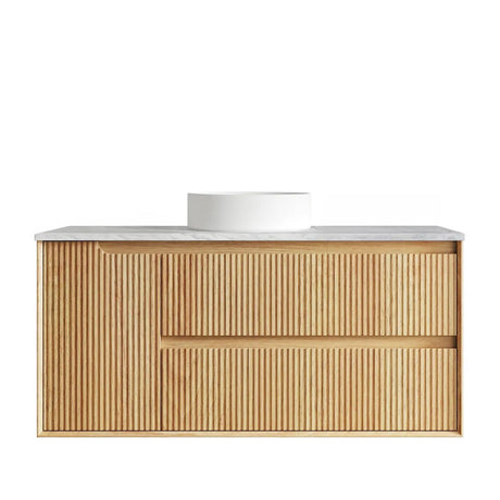Wooden bathroom vanity with white countertop on a white background