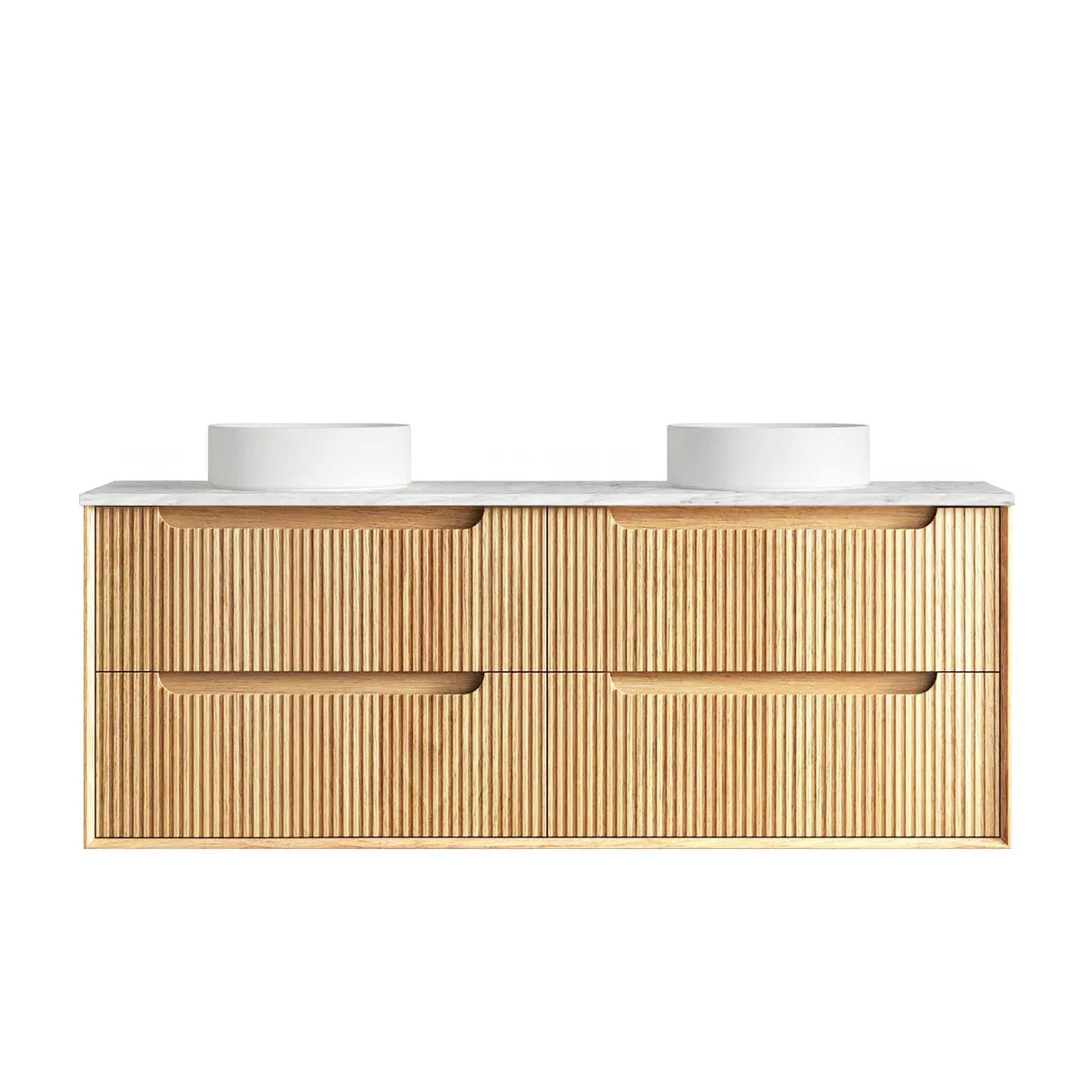 Wooden bathroom vanity with white countertop on a white background