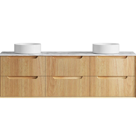 Bathroom vanity with wooden finish and two white sinks on a white background