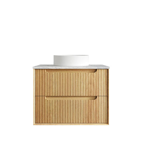Bathroom vanity with wooden cabinet and white countertop on a white background