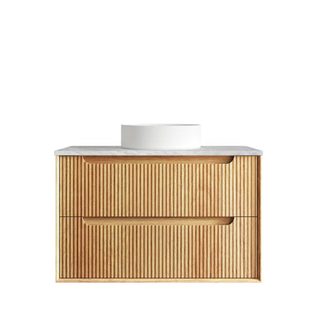 Bathroom vanity with wooden finish and white countertop on a white background