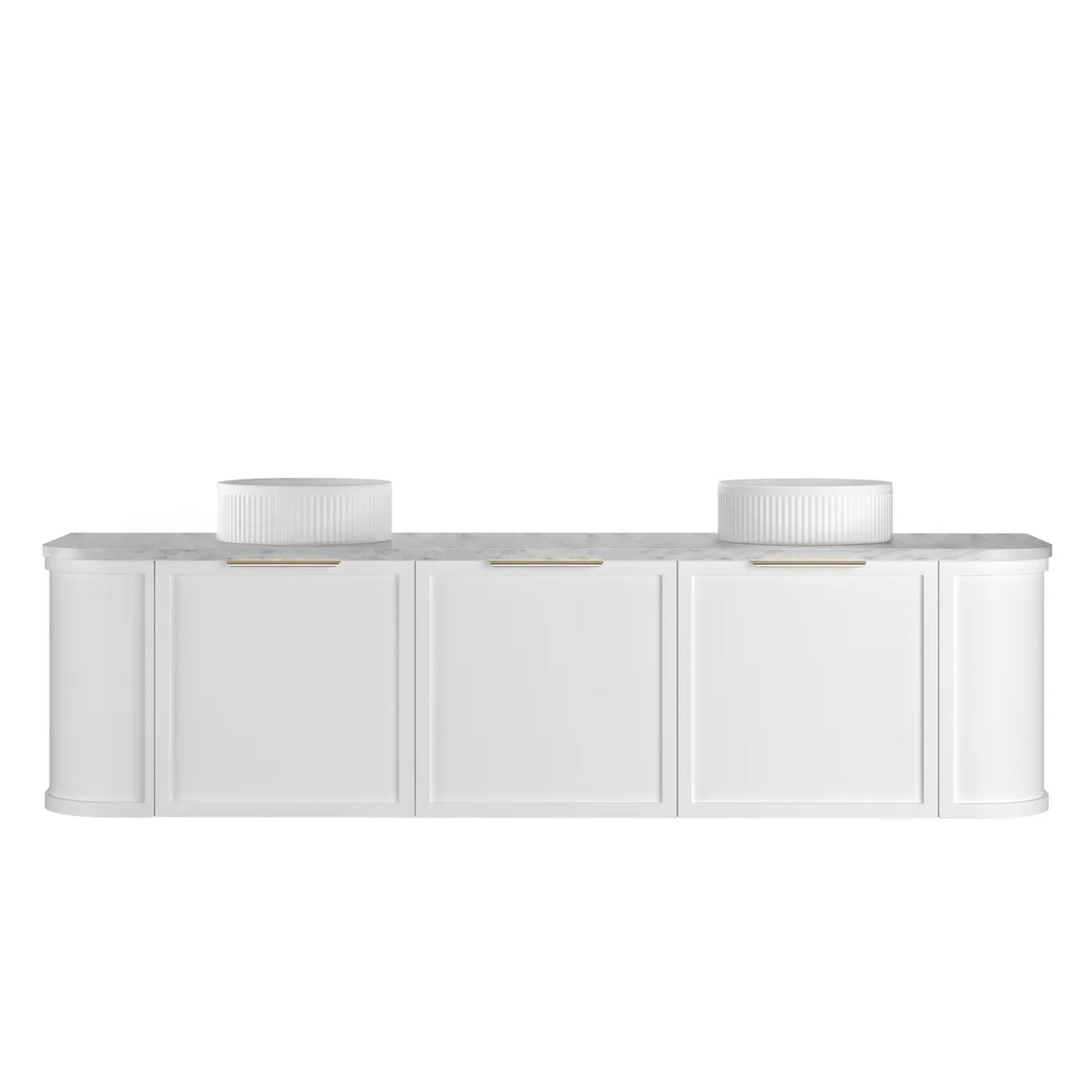 White countertop with two white cylindrical objects on a white background