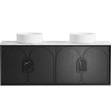 Bathroom vanity with two white sinks and black cabinet doors on a white background