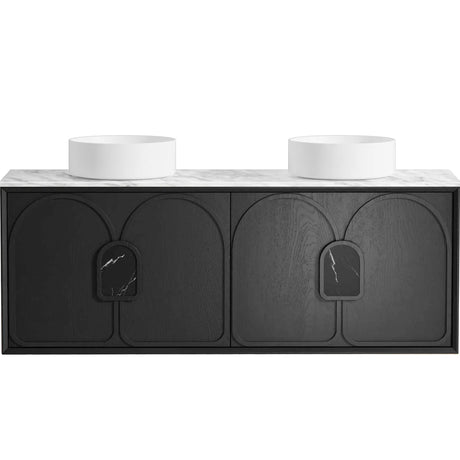 Bathroom vanity with two white sinks and black cabinet doors on a white background