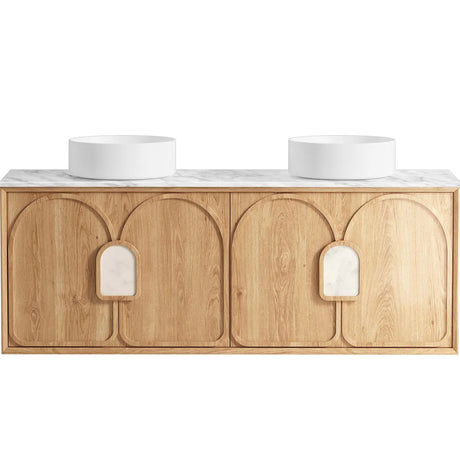 Wooden bathroom vanity with two white sinks on a white background