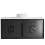 Bathroom vanity with marble countertop and black cabinet