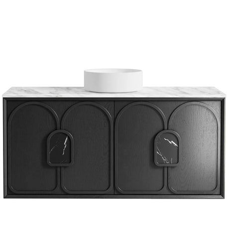 Bathroom vanity with marble countertop and black cabinet