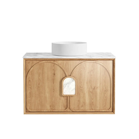 Wooden vanity with a white countertop and basin on a white background