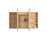 Wooden cabinet with open doors on a white background