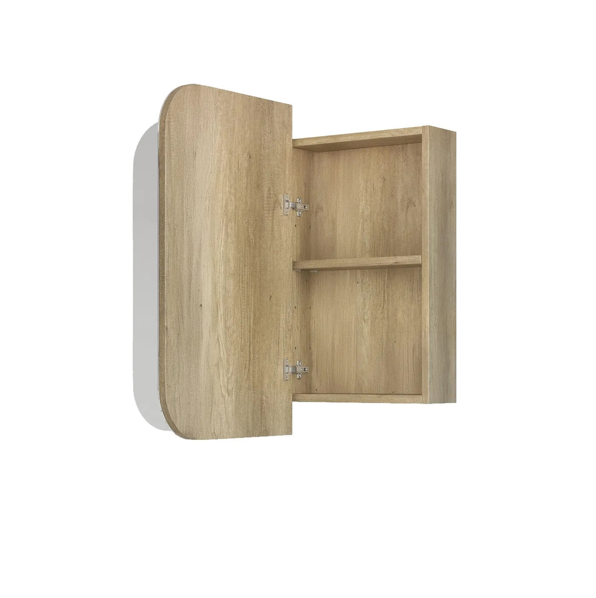 A wall-mounted woodland oak shaving cabinet with a light oak finish, shown with the door open to reveal two interior shelves and silver hinges, set against a plain white background.
