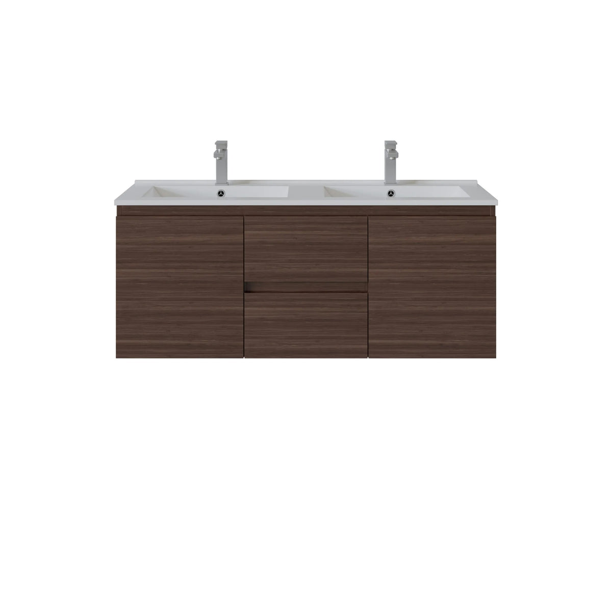 A modern centre drawer wall-mounted bathroom vanity with a dark brown wood-grain cabinet base, a white double basin countertop, and two chrome faucets, shown against a plain white background.